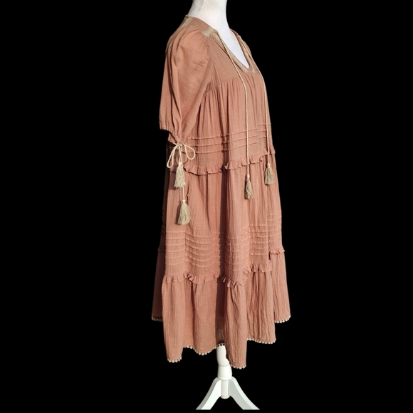 Listicle Tassel Tie Tiered Midi Flowy Boho Cotton Pink Dress Women Size Small - Picture 10 of 16